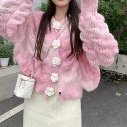 Koreanischen Stil Frauen Herbst Rosa Strickjacke Blume Taste Niedlichen Pullover Süße Farbverlauf Lose Langarm ONeck Stricken 231228