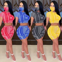 Bandana Print Two Piece Sets for Women wth Mask Lace Up Backless Short Sleeve Crop Top Shorts Female Tracksuit 231228