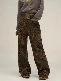 Houzhou tan leopard jeans kvinnor denim byxor kvinnliga överdimensionerade breda benbyxor streetwear hip hop vintage kläder förlorar casual 231229