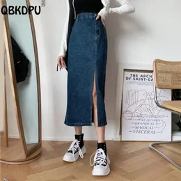 Sweaters Chic High Waist Side Slit Denim Skirt Women Korean Fashion Slim Aline Midlength Jean Skirts Streetwear Blue Package Hip Faldas