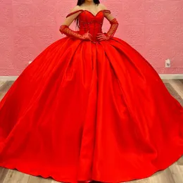Красное бальное платье с открытыми плечами Платья Quinceanera Sweet 16 Принцесса с бусинами и кристаллами с бантом Пром платья Vestidos De 15 Anos