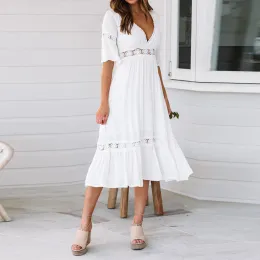 Robe longue d'été blanche pour femmes, style Boho, ligne A ajourée, à volants, manches courtes, col en v, ample, mode décontractée, élégante