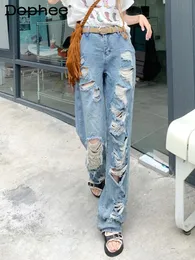 High Street Retro Bettler Zerrissene Hosen Frauen Sommer Taille Jeans Lose Abnehmen Breite Bein Gerade Hosen Y2k Stil 231229