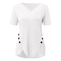 Dames T-shirts T-shirt Zomer Vrouwelijke kleding Katoen Truien Korte mouw Blouse V-hals Gestreept Knoop Los Mode Elegant Tops