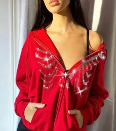 Y2K Rhine Hoodies Kvinnor Skeleton Gothic Red Zip Up Overdimensionerad Sweatshirt Punk Skull Harajuku Coat Jacket Streetwear Tops2946088