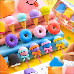 Party Favor 4Pcs Yummy Dessert Erasers Set Mini Lollipop Icecream Popsicle Donuts Rubber Pencil Eraser For School Student Award Drop Dhhfi