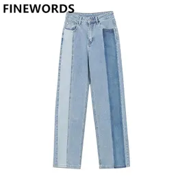 Jeans Finewords Retro Splicing Color Straight Haruku Jeans High Waist Korean Style Casual Jeans Full Length Plus Size Loose Pants