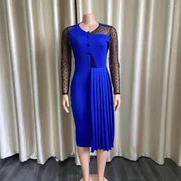 Etnik Giyim Kadınlar Bodycon Dress See Sleeve Polka Dot örgü Patchwork Kılıf Pileli Şeffaf İnce Zarif Ofis Lady African