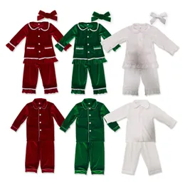 2023 Winter Familie Weihnachten Passende Outfits Kinder Kleidung Mädchen Jungen Rot Samt Pyjama Grün Creme Weiß PJS Set Nachtwäsche 231228