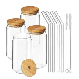 CA/USA Warehouse Hot Sale Beer Can-shaped Water Cup 16 Oz Glass with Bamboo Lid and Straw for Smoothies, Boba Tea, 1229 4.23