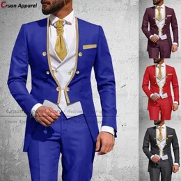 Senaste Royal Blue Suit Men 3st Slim Fit Wedding Man Groom Tuxedo Double Breasted Gold Trim Jacket Vest Pants Set Tailcoat 231229
