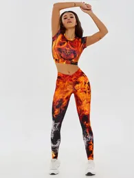 Dwuczęściowe spodnie dla kobiet gimdolfiny płomienie drukowane chude sportowe garnitur dla kobiet z krótkim rękawem top i jogę nogawkową wysoką talią