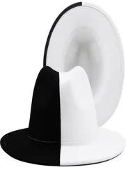 الأسود المرقعة البيضاء الصوف شعرت موسيقى الجاز فيدورا قبعة النساء للجنسين على نطاق واسع الحافة بنما الحزب Trilby Cowboy Cap Men Gentleman Wedding Hat 228158398