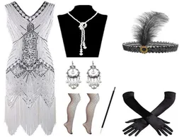 Women 1920s Sequin Beaded Tassels Hem Flapper Dress Stage Wear with 20s Fishnet stockings Headband Long Gloves Earrings Pearl Neck8086611