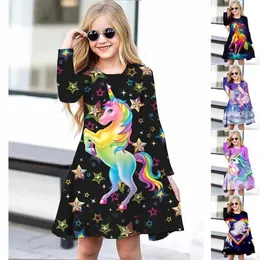 2023 Spring Round Neck Animal Printing Dress Little Girl Långärmad kjol Retro Loose Kne Length Everyday Midi 231228