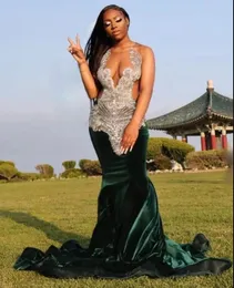Eremald Green Velvet Mermaid Sukienki na studia czarnej dziewczyny Sheer Mesh Luxury Diamond Crystal Birthday Birthday Gown dla kobiet