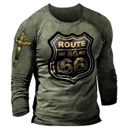 Modna retro T-shirty Męskie Owczesne luźne ubrania Vintage Long Sleeve America Route 66 Letters 3D Printed T-shirt UE Rozmiar 5xl 231228