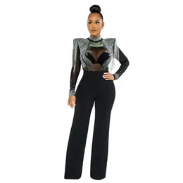 Klänningar 2023 Sparkly paljetter afrikanska aftonklänningar bär ny plus size jumpsuit svart flickor juvel hals illusion lång examen klänning plu prom