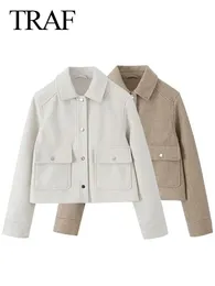 TRAF Winter Women Fashion Cotton Woolen Coats Trend White And Khaki Lapel Jackets Woman Warm Streetwear Mujer Casaco Y2k 231228