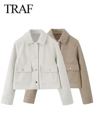 Traf Winter Women Fashion Cotton Woolen Coats Trend White och Khaki Lapel Jackets Wome Warm Streetwear Mujer Casaco Y2K 231228