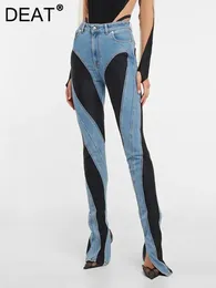 Deat Fashion Womens Jeans Slim Deconstruct Plankwork High Weaist Split Blue Long Denim Pants Autumn 1DF2575 231229