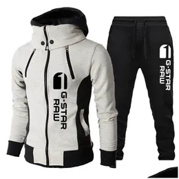 Tute da uomo Uomo Gstar Stampato Manica lunga Cerniera Felpa con cappuccio e Pantaloni Tute da moto antivento Completi sportivi da esterno Drop Del Dhue7