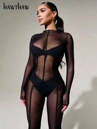 Hawthaw Women Sexy Autumn Winter Long Sleeve Club Mesh See Through BodyCon Black Jumpsuit Overall 231228