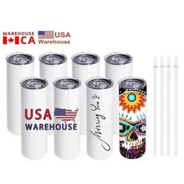 US /CA Local Warehouse Sublimation Blanks Mugs 20oz Stainless Steel Straight Tumblers White Cups With Lids and Straw Heat Transfer Water Bottles 1229
