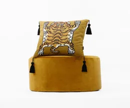 Dunxdeco Cushion Cover Dekorativ fyrkantig kuddefodral Vintage Artistic Tiger Print Tassel Soft Velvet Coussin Sofa Stol Bäddar 215267960