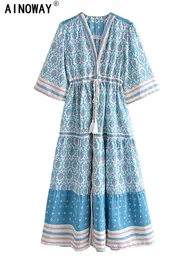 Elbiseler Vintage Chic Women Çiçek Baskı Bat Sleep Beach Bohemian Maxi Sundress Ladies v Boyun püskül yaz boho elbise vestidos