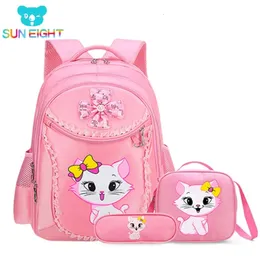 3 stycken rosa katt barn ryggsäck skolväskor för flickor tecknad barn ryggsäck kitty tryck bokväska mochilas escolares infanti 231228