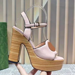 Luxury High Heel Platform Women Sandals Designers Hollowed Leather Sandal Wooden Heel 12cm Adjustable Ankle Strap Summer Fashion Party Shoes With Box 507