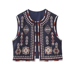 PB ZA Autunno Vintage Moda Versatile Modello di Fiore Ricamato Aperto Frontale Corto Capispalla Gilet 231229