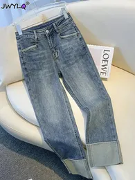 Vintage S-6xl Hohe Taille Nähte Farbe Gerade Hosen Frau Koreanische Mode Lose Streetwear Denim Hosen Casual Frauen Hosen 231229