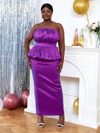 Vestidos casuales Mujeres brillantes Tubo Top Púrpura Vestido de fiesta de noche largo Sexy Pliegues sin tirantes Ruffle Bodycon Slit Africano Mujer Cóctel Prom