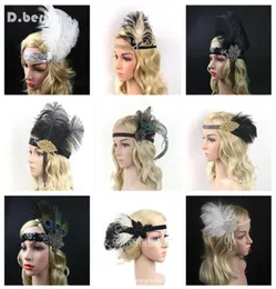 4PCSLOT Women Feather Headband Hårtillbehör Rhinestone Pärled Sequin Hair Band 1920s Vintage Gatsby Party Headpiece6994085