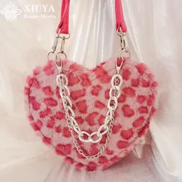 Bags Xiuya Japanese Gothic Lolita Shoulder Bag Women Pink Leopard Rabbit Fur Bag Heart Shape Female Handbags With Chain Women Purses