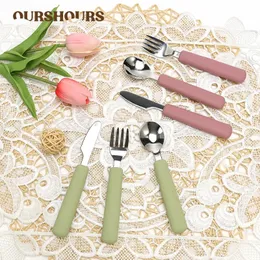 Food Grade Baby Silicone Handle Stainless Steel Spoon Fork Knife Children Safe Dinnerware Set Kids Easy Feeding Tools Tableware 231229