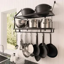 30Inch Kitchen Pot Rack Storage and Organization Matte Black 2Tier Wall Shelf for Pots Pans with 12 Hooks 231228
