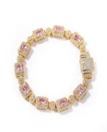 Hip hop cobre incrustado rosa zircão tênis pulseira masculino feminino diamante misturado 7 polegada 8 polegada cristal pulseiras jóias acessórios 9458655