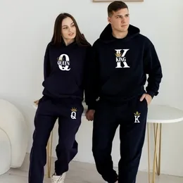 Lovers Couple KING QUEEN Imprimer Sweat à capuche Costumes 2 pièces Sweat à capuche et pantalon Hommes Femmes Sweat à capuche Ensemble Tops Classique Mode Sportwear Outfit 231228