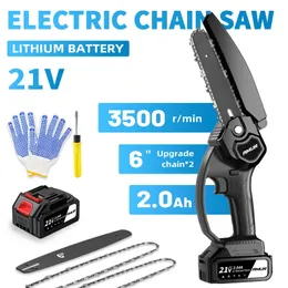 6 tum 21v 20AH Mini Cordless Electric Chain Saw Woodworking Handhållen beskärning Chainsaw Garden Cutting Tool 231228