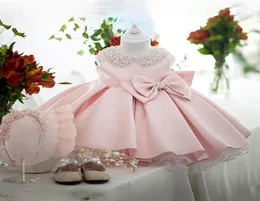 Girl039s فساتين زفاف بيضاء ساتان الأميرة Baby Baby Bead Bow Birth Birthday Party Infant Dress for Girl Gala Kid Cloths9298103