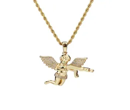 Top-Qualität Schmuck Zirkon Gold Silber Niedlicher Engel Baby Carry Gun Stuff Anhänger Halskette Seil Kette für Männer Frauen4623397