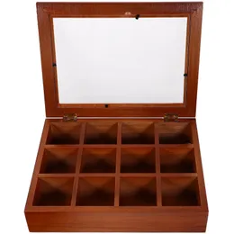 透明な蓋ティーバッグホルダー木製シュガーボックス12 compartmentインスタントコーヒー収納ホームラックキッチンガジェット231228