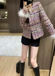 Women's Jackets Elegant And Lady's Top With A Strong Sense Of Luxury Feather Patchwork Long Sleeved Coarse Tweed Woolen Jacket