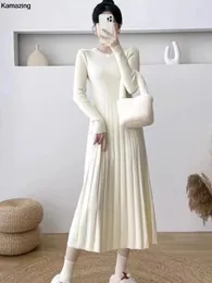 Осенне-зимнее трикотажное платье с длинными рукавами для женщин, тонкий трапециевидный повседневный миди, Vestidos, корейский элегантный джемпер в рубчик, Mujers 231229