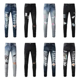 Amirs-Jeans, Designer-Herrenjeans, lila Jeans, High Street Hole Star Patch, Amirs-Jeans mit Stern-Stickerei-Einsatz für Herren und Damen, Stretch-Slim-Fit-Hose, Hosengröße 29–40