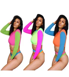 Women Bikni Tankinis Summer Outfits Ladies Long Sleeve Crop TopsSwimming Trunks 2 Piece Clothing Sets Contrast Color Beach Swimwe1963191