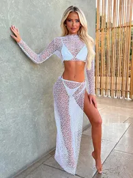 Women's Swimwear Sexy See-Through Dress Set Bikini Cover-ups 2024 Summer Women Solid Color Knit Cut Out 2-piece Beachwear Swimsuit Cover Up